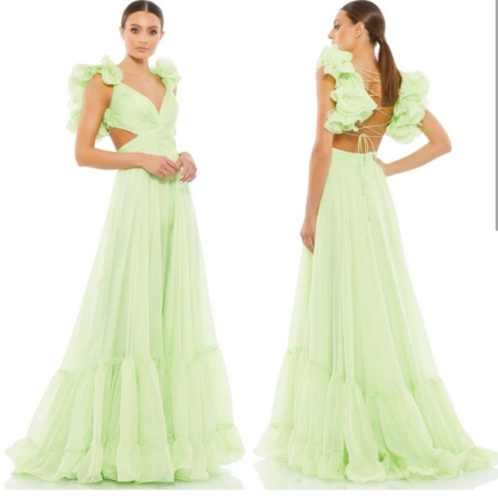 💞 NWT-MAC DUGGAL Mint Green Ruffle Tiered Cut-Out Chiffon Gown 67911 Sz 6 - Picture 2 of 12